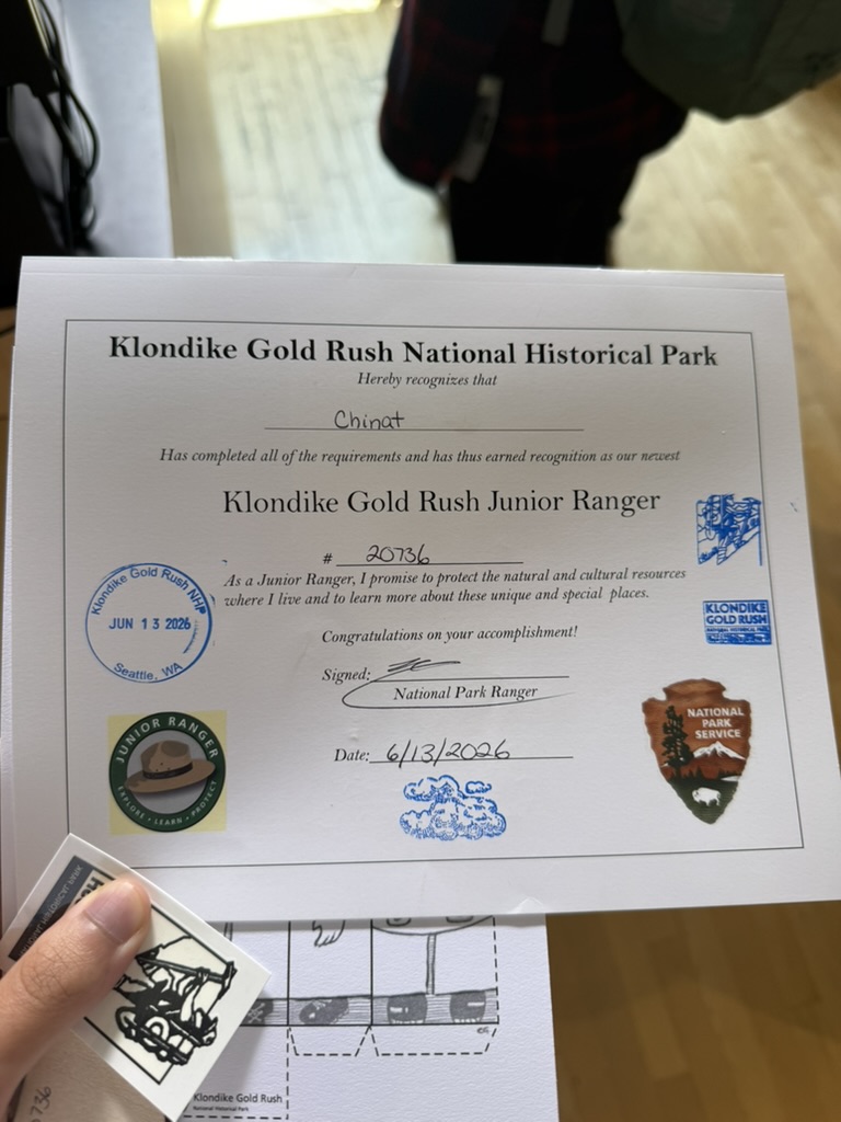 Klondike Gold Rush Junior Ranger certificate made out to Chinat, badge number 20736.
